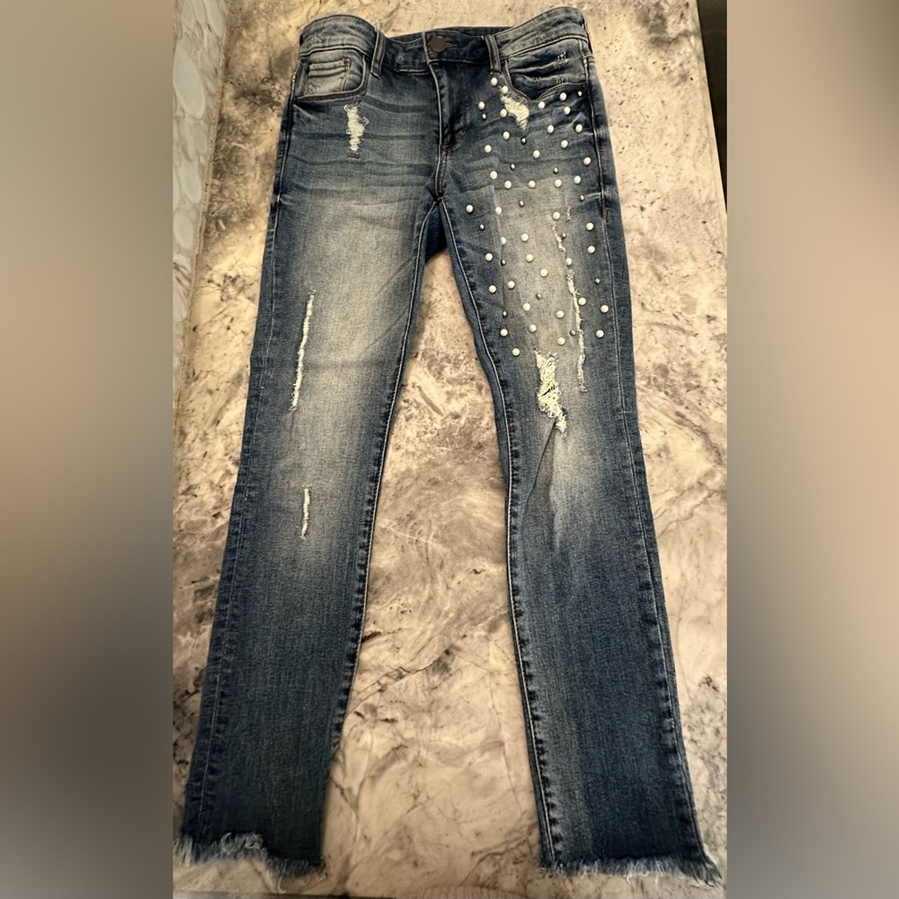 STS BLUE distressed dark blue mpearl embellished jeans